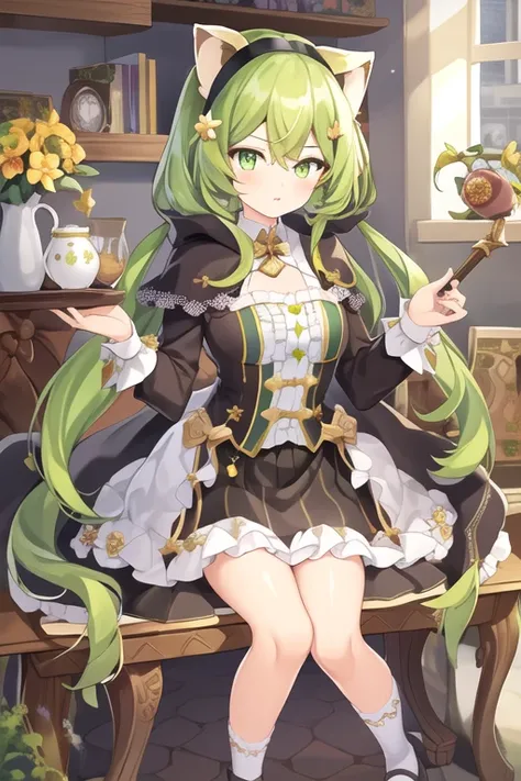 masterpiece,best quality,1girl,(solo:1.2),<lora:Yuzu(Majsoul)-000010:0.8>,Majsoul,Yuzu(Majsoul),Yuzu_magic,green hair,green eyes,long hair,cat ears,sitting,full body,frilled sleeve,jewelry,magical girl,animal tail,magic wand,animal ears,black hairband,cloa...