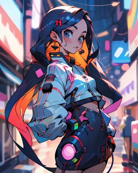 best quality, cyber sttyle girl, 1girl, solo, long hair, blurry background, <lora:cyber_style_girl_v1:0.7>