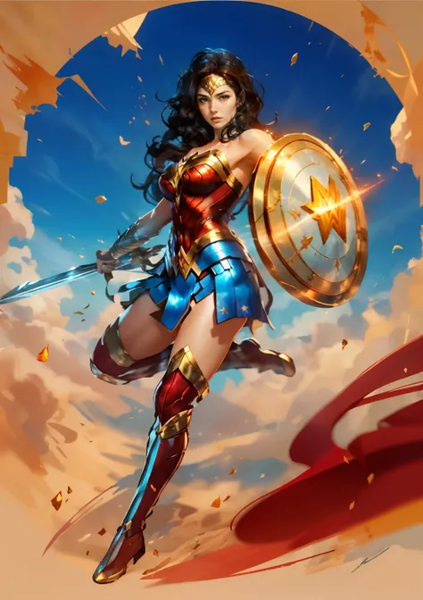 best quality, 1girl, solo, wonder woman, breasts, looking at viewer, full body, black hair, brown eyes, <lora:ww_v1:0.7>