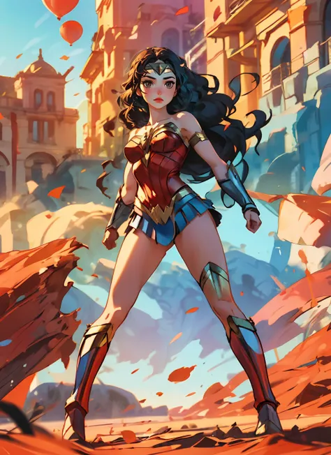 best quality, 1girl, solo, wonder woman, breasts, looking at viewer, full body, black hair,  brown eyes,  <lora:ww_v1:0.7>