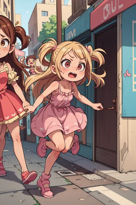 ((best quality, masterpiece)),
dramatic, 2girls , running, blonde girl and brown hair girl,pink (((kawaii))) sundress, street, crowd,
<lora:more_details:0.5>
