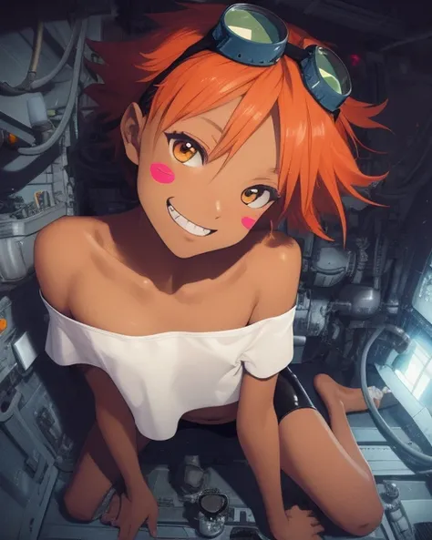 Edward,  tan skin, tomboy, midriff, orange hair, (white loose shirt), off shoulder, spiked hair, barefoot, bike shorts, brown eyes, goggles on head, blush stickers, grin,  
space station, engine room, 
 (insanely detailed, beautiful detailed face, masterpi...