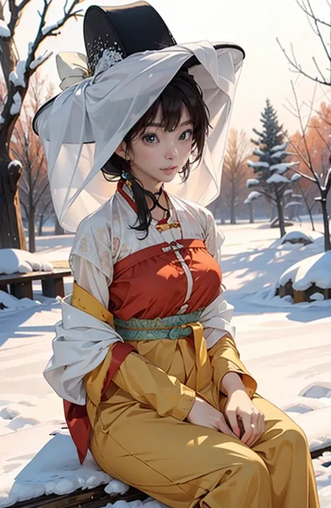 1girl, weimao hat, masterpiece, best quality, 8k <lora:veilhat_v2b:0.88>, snow, big and beautiful breasts, sitting, moon