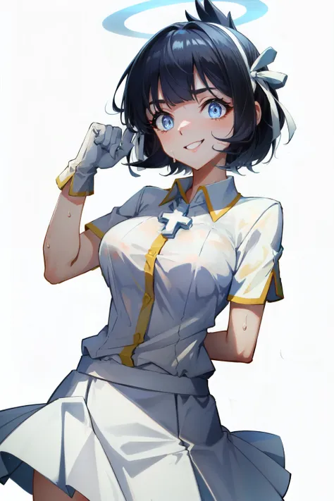 <lora:azazel:1>azazel(helltaker), white pants, 1girl, solo, ribbon, skirt, angel, halo, blue eyes, white skirt, white ribbon, white gloves, smile, nervous smile, cross, arm behind back, sweat, shirt, simple background, white background, collared shirt, bla...