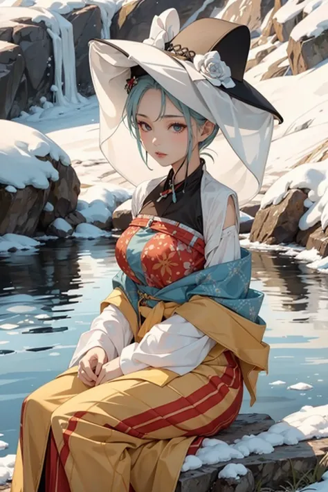 1girl, weimao hat, masterpiece, best quality, 8k <lora:veilhat_v2b:0.88>, snow, river, big and beautiful breasts, sitting