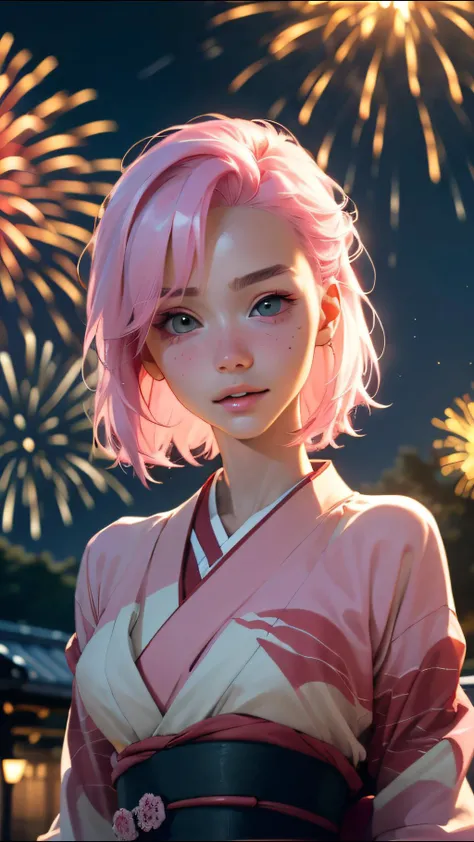 (ultra realistic, best quality, masterpiece, perfect face) pink hair, 18 years old girl, <lora:Animesh-Lora:1>, medium tits, flirting on camera, in traditional japanese kimono, night, kyoto, fireworks