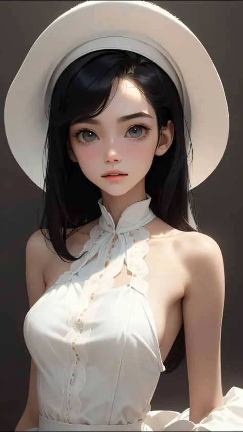 (best quality, masterpiece, perfect face) black hair, 18 years old pale girl, <lora:Animesh-Lora:1>, medium tits, white sundress, big white hat