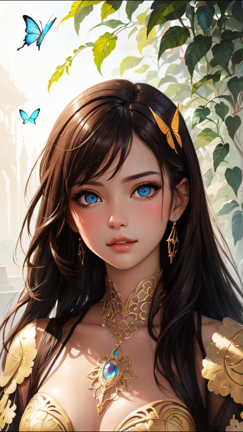 8k portrait of beautiful cyborg with brown hair, intricate, elegant, highly detailed, majestic, digital photography, art by artgerm and ruan jia and greg rutkowski surreal painting gold butterfly filigree, broken glass, (masterpiece, sidelighting, finely d...