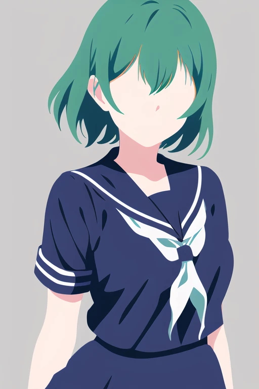 vector art, 1girl, solo,
<lora:Minimalist-v2-01:1>, ChopioMinimalist, short hair, green hair, looking at viewer,
simple background, grey background, no eyes, no face,
mature woman, medium breasts,
(serafuku, school uniform:1.2) white shirt, blue collar, sa...