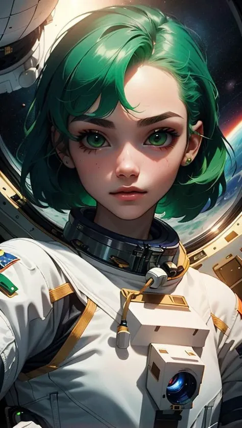 (best quality, masterpiece)  perfect face, 18 years old girl, <lora:Animesh-Lora:1>medium tits, astronauts on space , green hair