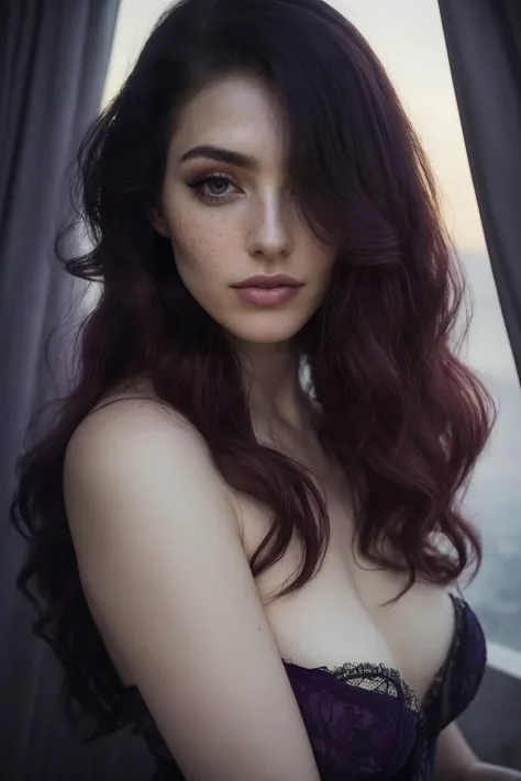 a close-up photography fisheye of a resplendent [woman|Princess] with  long loose ombre burgundy hair, mesmerizing peepers, indignant, 
she is posing in her canopy bed, 
she is wearing a beautiful purple see-through bowed teddy
intricate pattern, detailed,...