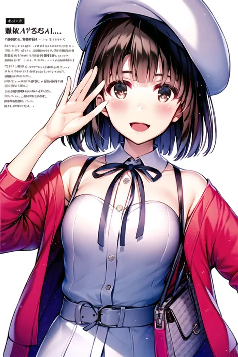 MisakiKurehito,katou megumi, 1girl, solo, bangs, brown hair, hat, bag, white headwear, dress, white background, looking at viewer, simple background, brown eyes, open mouth, short hair, ribbon, jacket, red jacket, black ribbon, blush, open clothes, smile, ...