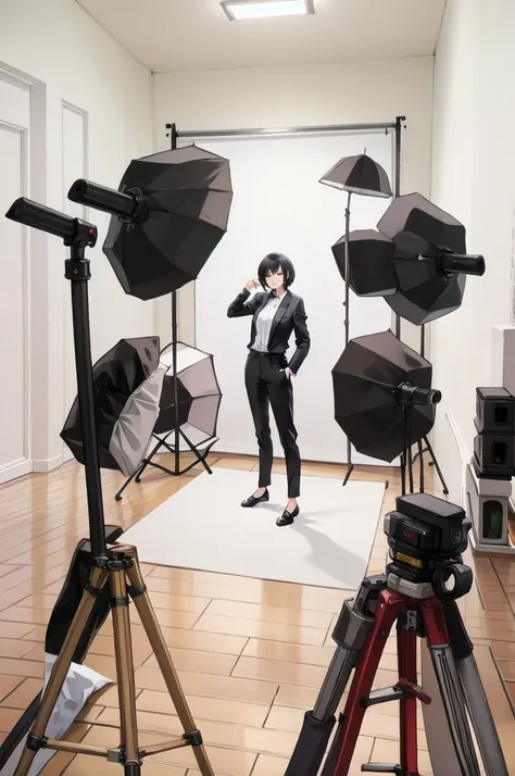 masterpiece, best quality, ultra-detailed, illustration,
photostudio, shooting light, 1girl solo, black pants, pants, standing, ...