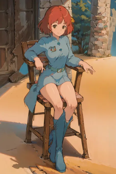 (masterpiece:1.4), (best qualit:1.4), (high resolution:1.4), 1girl, redhead, brown eyes, smile, nausicaa, sit on a chair, no pan...