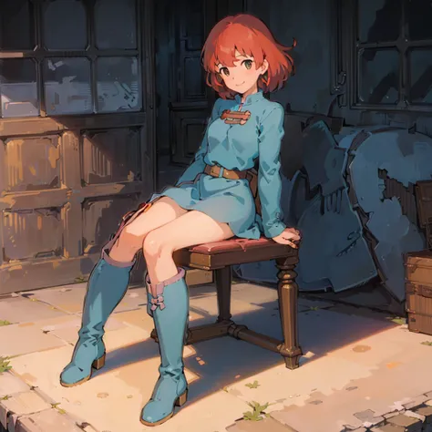 (masterpiece:1.4), (best qualit:1.4), (high resolution:1.4), 1girl, redhead, brown eyes, smile, nausicaa, sit on a chair, no pan...