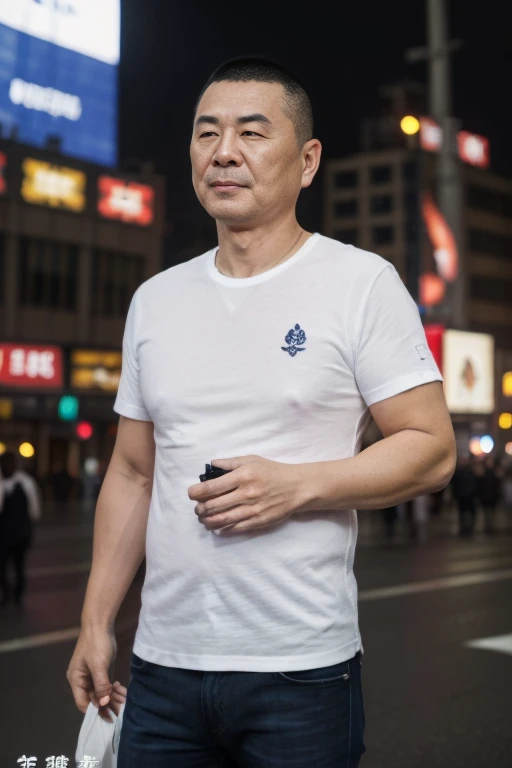 (A medium photo of chengjianbin,age up),wearing(white T-shirt),standing in Time Square,(night:1.2),(neon),male focus,upper body,(masterpiece:1.2) (photorealistic:1.2) (bokeh) (best quality) (detailed skin) (intricate) (8k) (HDR) (cinematic lighting) (sharp...