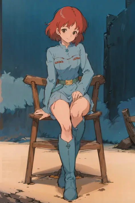 (masterpiece:1.4), (best qualit:1.4), (high resolution:1.4), 1girl, redhead, brown eyes, smile, nausicaa, sit on a chair, no pan...