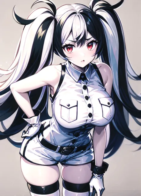 ewhime, escort water princess, abyssal ship, 1girl, solo, colored skin, white skin, red eyes, twintails, two-tone hair, multicolored hair, black hair, white hair, large breasts, bare shoulders, breast pocket, buttons, gloves, short shorts, sleeveless shirt...