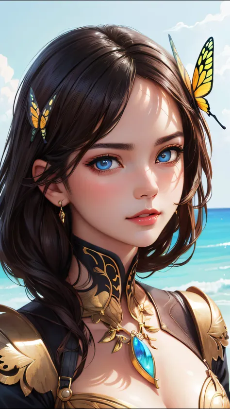 8k portrait of beautiful cyborg with brown hair, intricate, elegant, highly detailed, majestic, digital photography, art by artgerm and ruan jia and greg rutkowski surreal painting gold butterfly filigree, broken glass, (masterpiece, sidelighting, finely d...