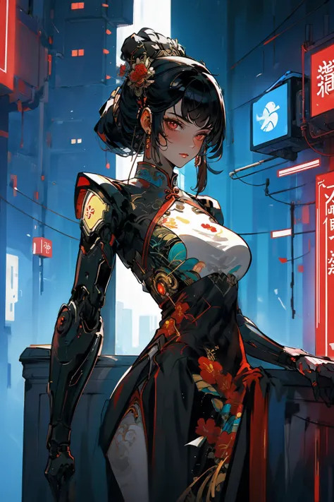 1 girl, solo, cowboy shot, cyberhanfu, cheongsam, chinese_clothes, Headdress, hair ornament, long hair, cyberpunk, a high-tech city, full of machinery and futuristic element, futurism, technology
 <lora:cyberhanfu_v1:0.7> <lora:methurlant:1>