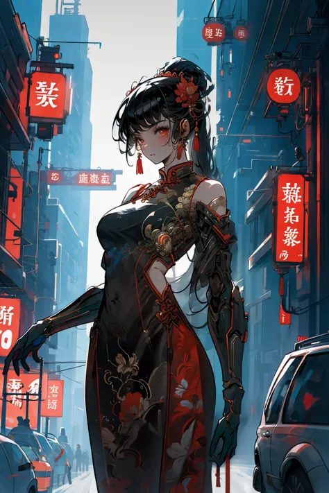 1 girl, solo, cowboy shot, cyberhanfu, cheongsam, chinese_clothes, Headdress, hair ornament, long hair, cyberpunk, a high-tech city, full of machinery and futuristic element, futurism, technology
 <lora:cyberhanfu_v1:0.7> <lora:methurlant:1>