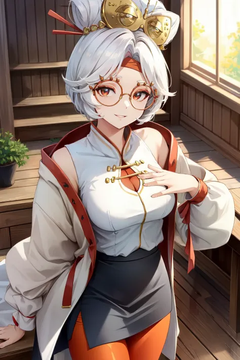 <lora:purah:1>masterpiece, best quality, purah, red glasses, hair ornament, hair stick, red headband, white shirt, off-shoulder, white jacket, black skirt, orange leggings, standing, large breasts, upper body, wooden house, living room, from above, looking...