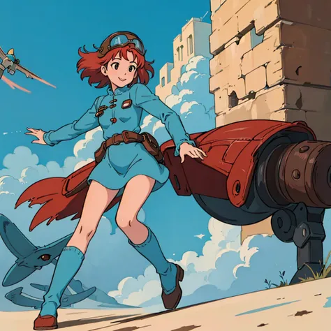 (masterpiece:1.4), (best qualit:1.4), (high resolution:1.4), 1girl, redhead, brown eyes, smile, nausicaa, with an helmet, colorf...