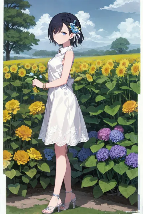 masterpiece, high detail, flower garden, sun flowers, sky, sunbeam,
standing, holding flower, full body shot,  landscape, on side,
solo, cattleya, white dress, dress shirt, ribbon, sleeveless, bracelet,
<lyco:gomaotsu-cattleya-t1-000030:0.8>