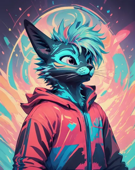 (rexouium:1.2), colorful scene, cute, dynamic scene, swaggy, drawing, round, abstract colorful background, close up portrait, spiky hairs, vibrant colors, glowing patterns, hoodie, pastel, rim lights, three-quarter view,
<lora:vrcfurry_v3.2:0.75> <lora:li...