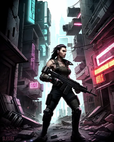 ((cyberpunk)), ((raw photo)), soldier woman wearing post-apocalyptic overall holding a machinegun  in a destroyed town after a ((nuclear blast)), dynamic pose, dynamic camera