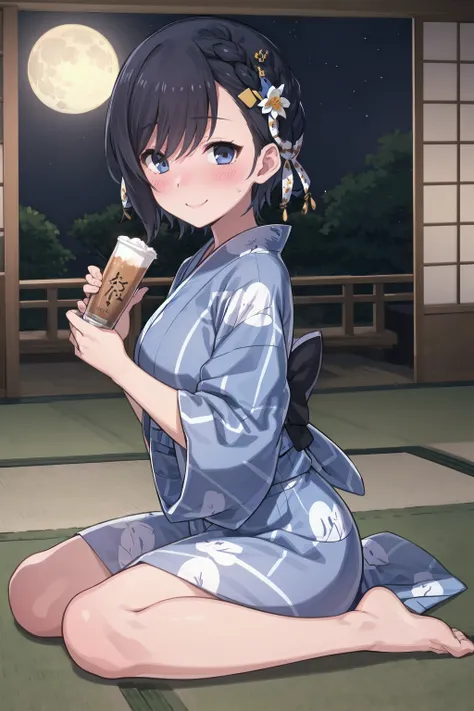 wariza, drunk, smile, full-face blush, holding choko (cup), tatami, night, moon, fullbody,
cattleya, 1girl, yukata, blue yukata, print yukata, long sleeves, wide sleeves, hair ornament, barefoot
<lyco:gomaotsu-cattleya-t1-000030:0.7>