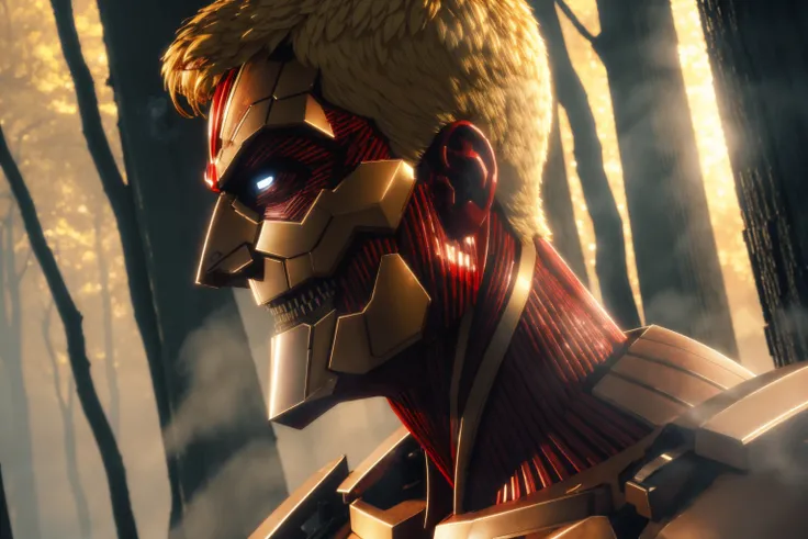 <lora:AttackTitan-10:1>, Armored_titan, muscular, giant, size ratio, short hair, blonde, teeth,  armor on body, armor on face,  light in eyes, steam and smoke, red muscles , <lora:mirkw00d2CIVIT(1):0.3> mirkw00d, forest, battle, fighting