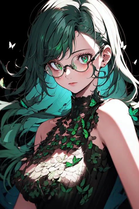 masterpiece, best quality, <lora:butterfly:1>, 1girl, butterfly style, ultra detailed, circle glasses, dark green hair, color streaks, black hair, black dress