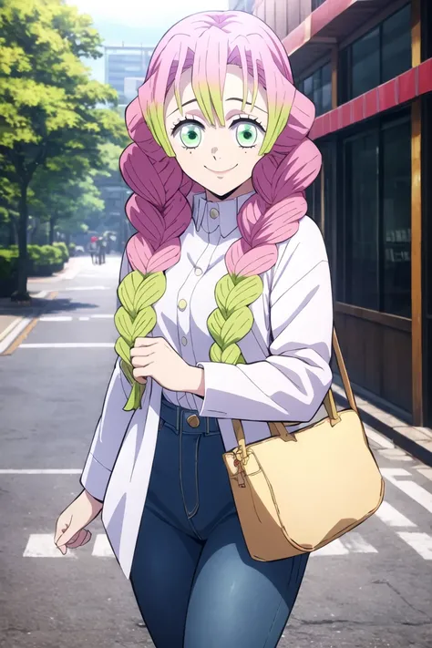 MitsuriKanroji, 1girl, solo, smile, white shirt, jeans, city, day, cowboy shot, <lora:Mitsuri8000:0.7>