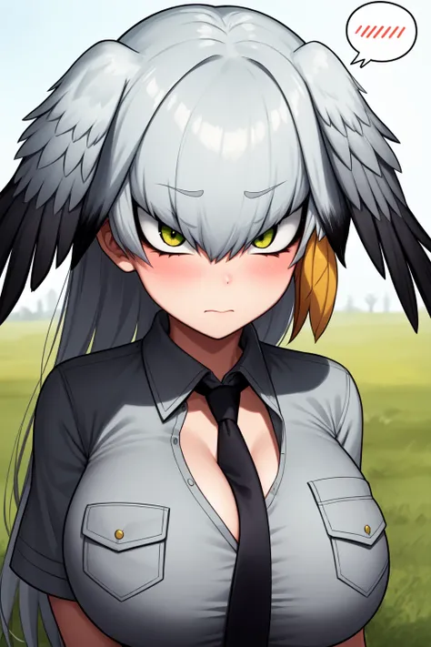 (masterpiece, best quality:1.2), (tsurime:1.2),
1girl, female, solo, face focus, face close-up, close-up face, 
1girl, shoebill (kemono friends), breasts, solo, grey hair, alternate breast size, huge breasts, blush, spoken blush, head wings, shirt, necktie...