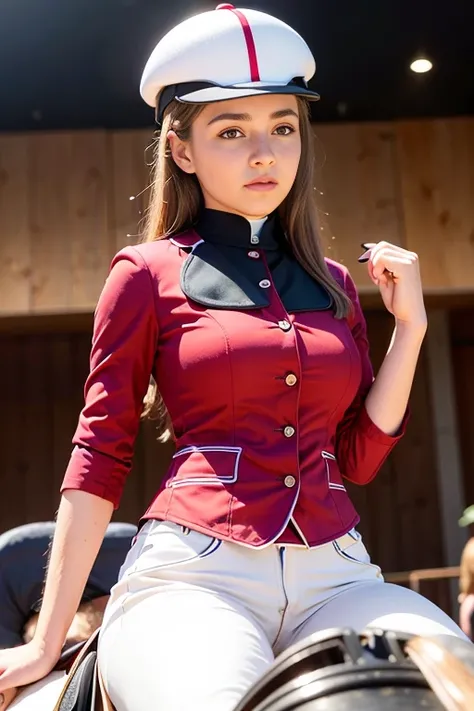 photo of a woman, (wearing equitation_outfit, wearing cap:1.3), red equitation_outfit,
good hand,4k, high-res, masterpiece, best quality, head:1.3,((Hasselblad photography)), finely detailed skin, sharp focus, (cinematic lighting), night, soft lighting, dy...