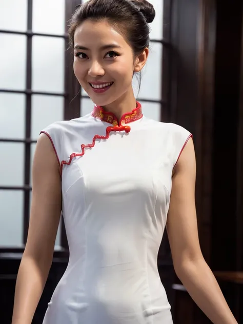 1girl,(wearing  cheongsam:1.4), hair bun,(raw photo, best quality), (realistic, photo-realistic:1.4), masterpiece, an extremely ...