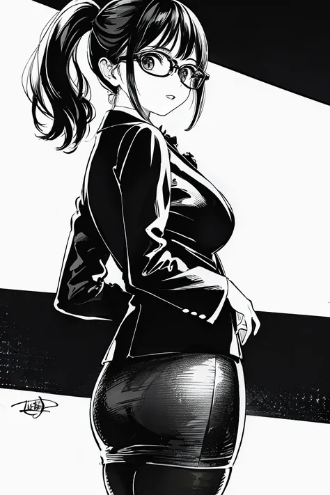 hiro, 1girl, monochrome, solo, greyscale, skirt, glasses, pencil skirt, long hair, looking at viewer, formal, breasts, ass, white background, simple background, office lady, ponytail, suit, looking back, signature, pantyhose, large breasts, watch, long sle...