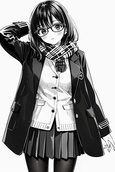 hiro, 1girl, solo, monochrome, greyscale, pantyhose, glasses, skirt, long hair, scarf, pleated skirt, blush, coat, simple background, white background, jacket, looking at viewer, head tilt, hand on own head, long sleeves, {{illustration}},{{{masterpiece}}}...