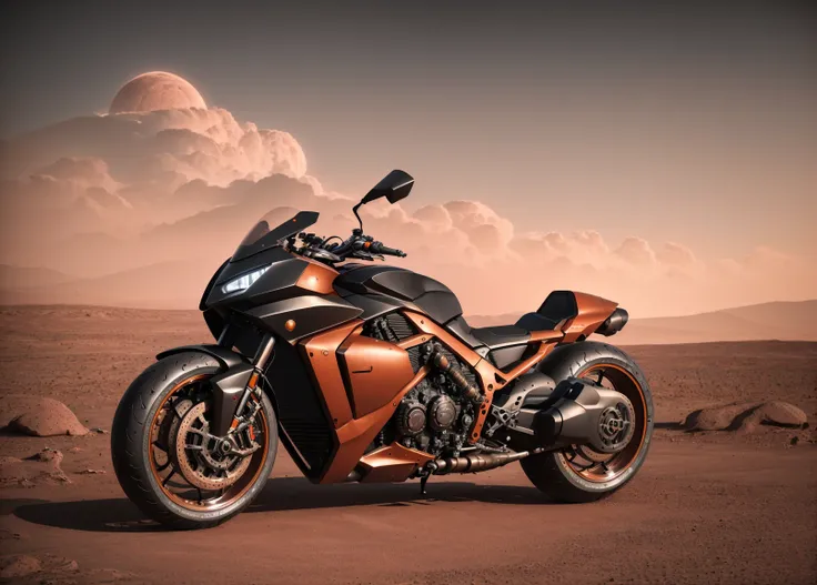 RAW, (masterpiece:1.1), science fiction, black hypermodern bike  <lyco:BikeMaker:0.55>, dynamic side view, heading left, mars desert summer hot, sunset,  clouds, mist, rusty dusty, dramatic
realistic, 8k uhd, dslr, cinematic lighting, high quality, film gr...