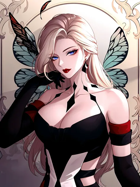 1girl, solo, blonde hair, gloves, butterfly, long hair, bug, cleavage, looking at viewer, bare shoulders, black gloves, blue eyes, red lips, large breasts, upper body, collarbone, tattoo, dress, elbow gloves,(shiny skin),signora (genshin impact),(mature fe...