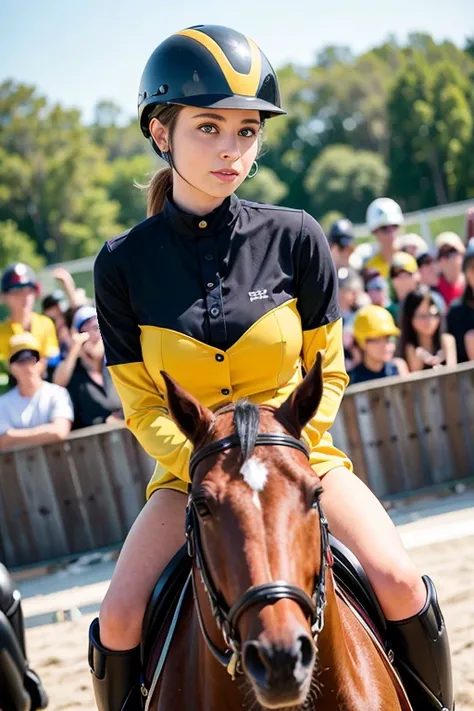photo of a woman, (wearing equitation_outfit, wearing helmet:1.3), yellow equitation_outfit,
good hand,4k, high-res, masterpiece, best quality, head:1.3,((Hasselblad photography)), finely detailed skin, sharp focus, (cinematic lighting), night, soft lighti...