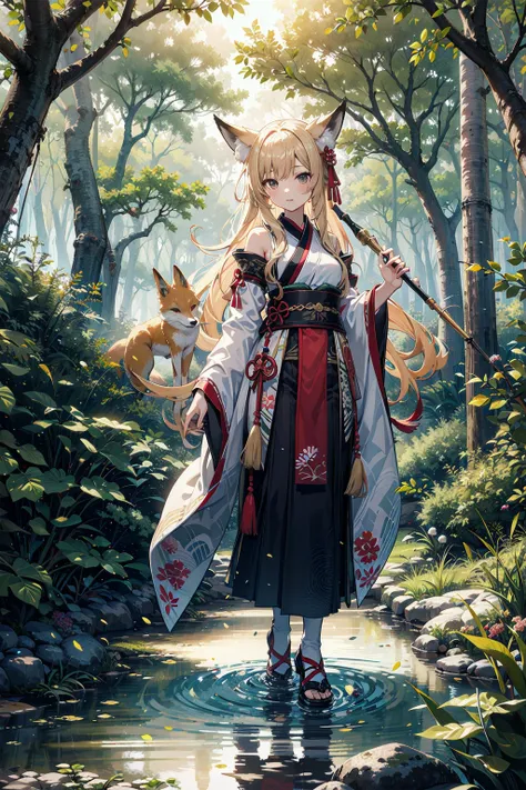 masterpiece, highres, hdr, best quality, 1girl, blonde, fox girl, forest, mangrove trees, small river, shadows, hanfu, medium br...