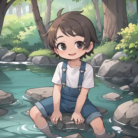 masterpiece, best quality,
overalls, white shirt,
(1boy:1.2), sitting on rock, leaning back, head tilt, happy, (looking at viewer:1.2),
forest, river,
very short hair, brown hair, messy hair,