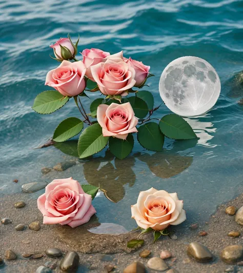 waning moon. flowers roses, stones transparent and diamond crystal in water, on the beach, fantasy, smoke , photo, HD, 8K ,