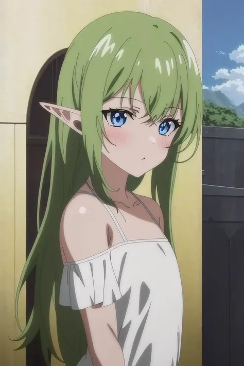 1girl, ((anime screencap)), (flat chest), 80 year old elf girl, ((adult)), mature female, 8k, masterpiece, absurdres, anime, fantasy background, outdoors, ultra detailed background, 8k, masterpiece, absurdres, anime,, ((intricate details))