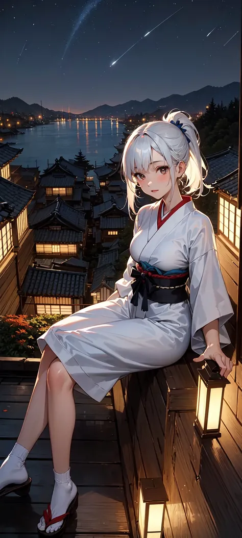 ((masterpiece:1.3, best quality:1.4)), delicate mature lady, wide hips, large breasts, 1girl with short white hair, very long hair, side ponytail, traditional japanese dress, red pupils, ((sitting near buildings ledge)), rooftop, city view, seaside city, i...