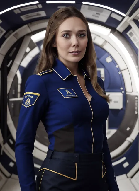 best quality, 1girl, solo, breasts, elizabeth_olsen, wearing (blue allianceuniform) in a space station, long hair,  looking to the side , upper body, black hair,  brown eyes, professional photography, ultra detailed, <lora:elizabeth_olsen_v3:0.6:FACE>,   <...