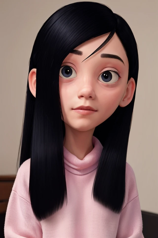 <lora:VRAMsViolet640v2:0.5>, xyzviolet, looking at viewer, beautiful, masterpiece, long hair, black hair, pink sweater, shorts, closeup, portrait