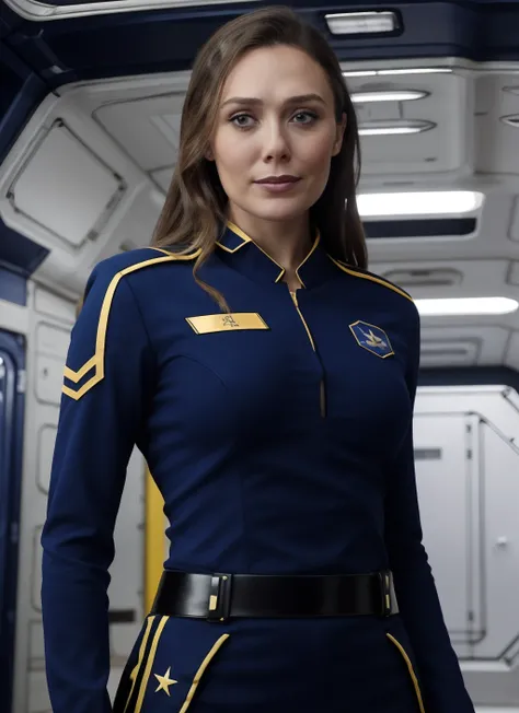 best quality, 1girl, solo, breasts, elizabeth_olsen, wearing (blue allianceuniform) in a space station, long hair,  looking to the side , upper body, black hair,  brown eyes, professional photography, ultra detailed, <lora:elizabeth_olsen_v3:0.6:FACE>,   <...